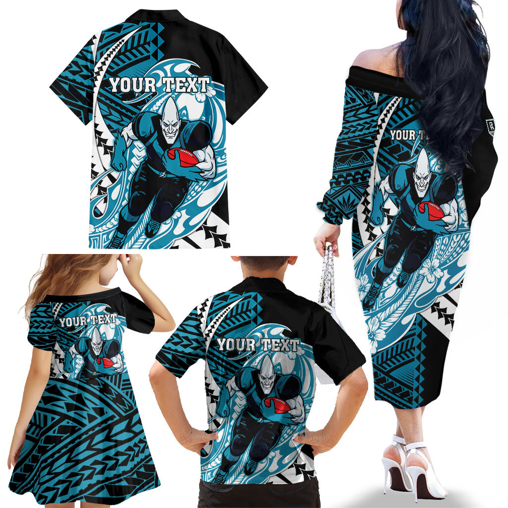 Personalized Port Adelaide Power Family Matching Off The Shoulder Long Sleeve Dress and Hawaiian Shirt Polynesian Tribal Lightning Bolt Mascot With Hibiscus Floral Art