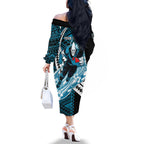 Personalized Port Adelaide Power Family Matching Off The Shoulder Long Sleeve Dress and Hawaiian Shirt Polynesian Tribal Lightning Bolt Mascot With Hibiscus Floral Art