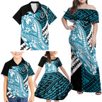 Personalized Port Adelaide Power Family Matching Off Shoulder Maxi Dress and Hawaiian Shirt Polynesian Tribal Lightning Bolt Mascot With Hibiscus Floral Art