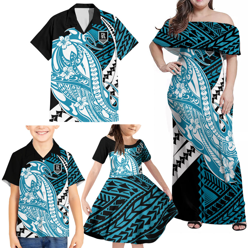 Personalized Port Adelaide Power Family Matching Off Shoulder Maxi Dress and Hawaiian Shirt Polynesian Tribal Lightning Bolt Mascot With Hibiscus Floral Art