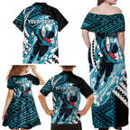 Personalized Port Adelaide Power Family Matching Off Shoulder Maxi Dress and Hawaiian Shirt Polynesian Tribal Lightning Bolt Mascot With Hibiscus Floral Art