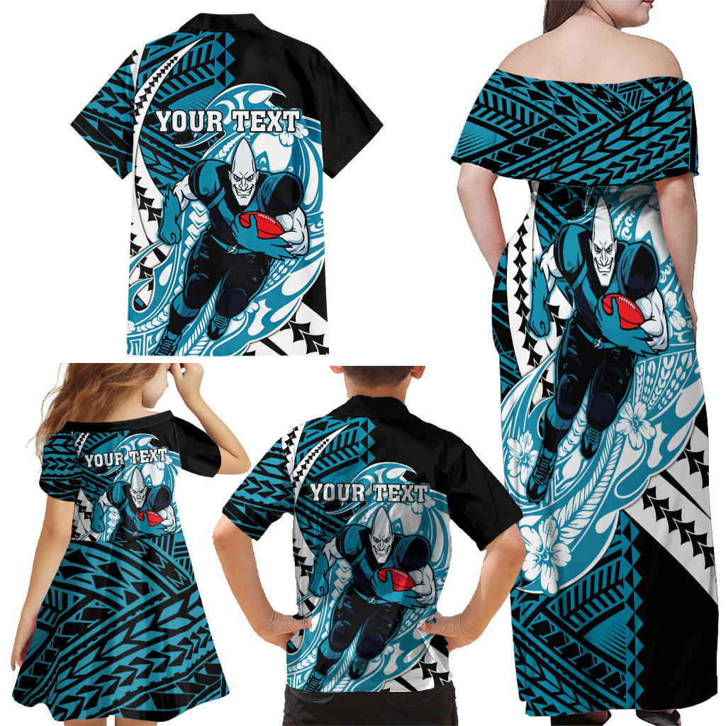 Personalized Port Adelaide Power Family Matching Off Shoulder Maxi Dress and Hawaiian Shirt Polynesian Tribal Lightning Bolt Mascot With Hibiscus Floral Art