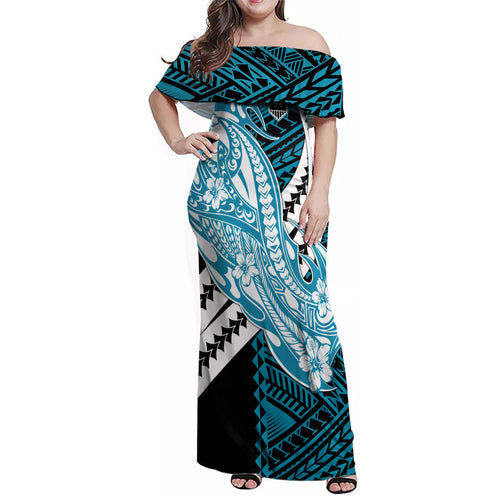Personalized Port Adelaide Power Family Matching Off Shoulder Maxi Dress and Hawaiian Shirt Polynesian Tribal Lightning Bolt Mascot With Hibiscus Floral Art
