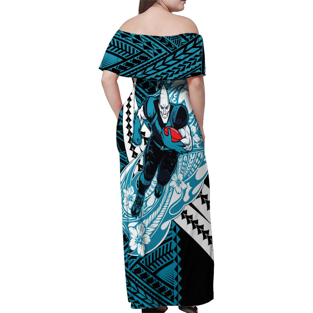 Personalized Port Adelaide Power Family Matching Off Shoulder Maxi Dress and Hawaiian Shirt Polynesian Tribal Lightning Bolt Mascot With Hibiscus Floral Art