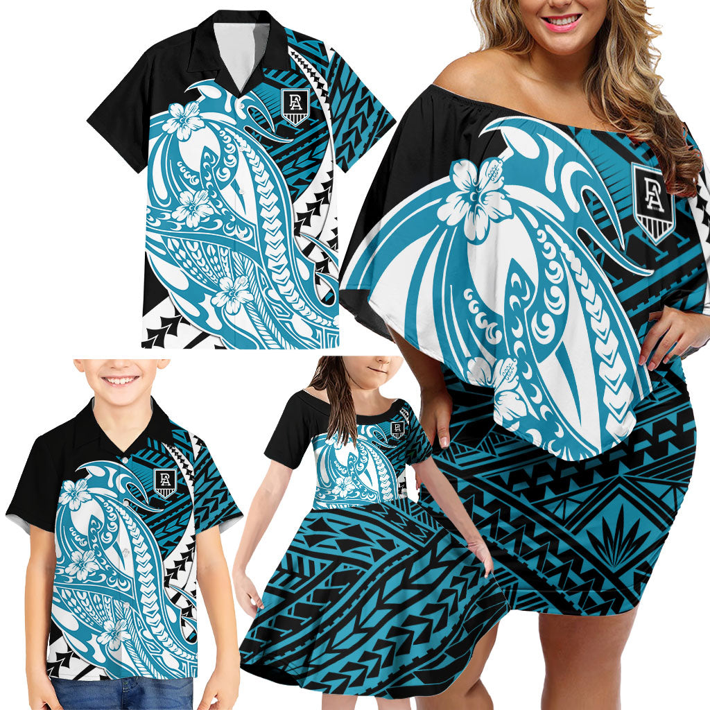 Personalized Port Adelaide Power Family Matching Off Shoulder Short Dress and Hawaiian Shirt Polynesian Tribal Lightning Bolt Mascot With Hibiscus Floral Art