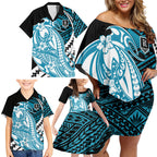 Personalized Port Adelaide Power Family Matching Off Shoulder Short Dress and Hawaiian Shirt Polynesian Tribal Lightning Bolt Mascot With Hibiscus Floral Art