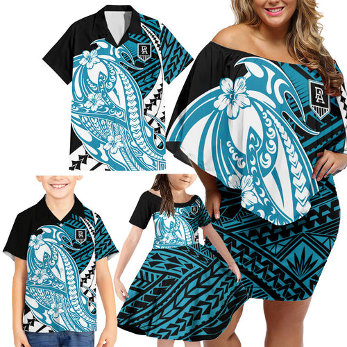 Personalized Port Adelaide Power Family Matching Off Shoulder Short Dress and Hawaiian Shirt Polynesian Tribal Lightning Bolt Mascot With Hibiscus Floral Art