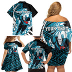 Personalized Port Adelaide Power Family Matching Off Shoulder Short Dress and Hawaiian Shirt Polynesian Tribal Lightning Bolt Mascot With Hibiscus Floral Art