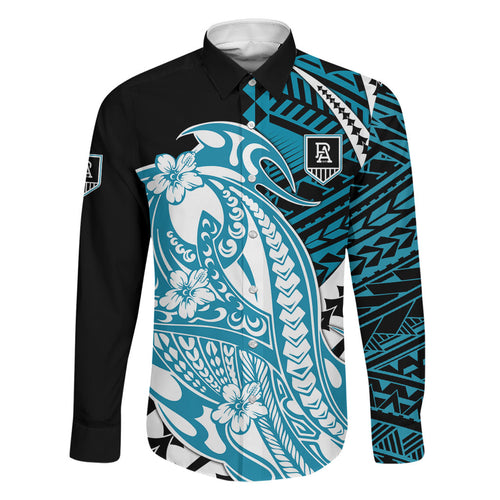 Personalized Port Adelaide Power Family Matching Off Shoulder Short Dress and Hawaiian Shirt Polynesian Tribal Lightning Bolt Mascot With Hibiscus Floral Art