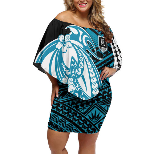 Personalized Port Adelaide Power Family Matching Off Shoulder Short Dress and Hawaiian Shirt Polynesian Tribal Lightning Bolt Mascot With Hibiscus Floral Art