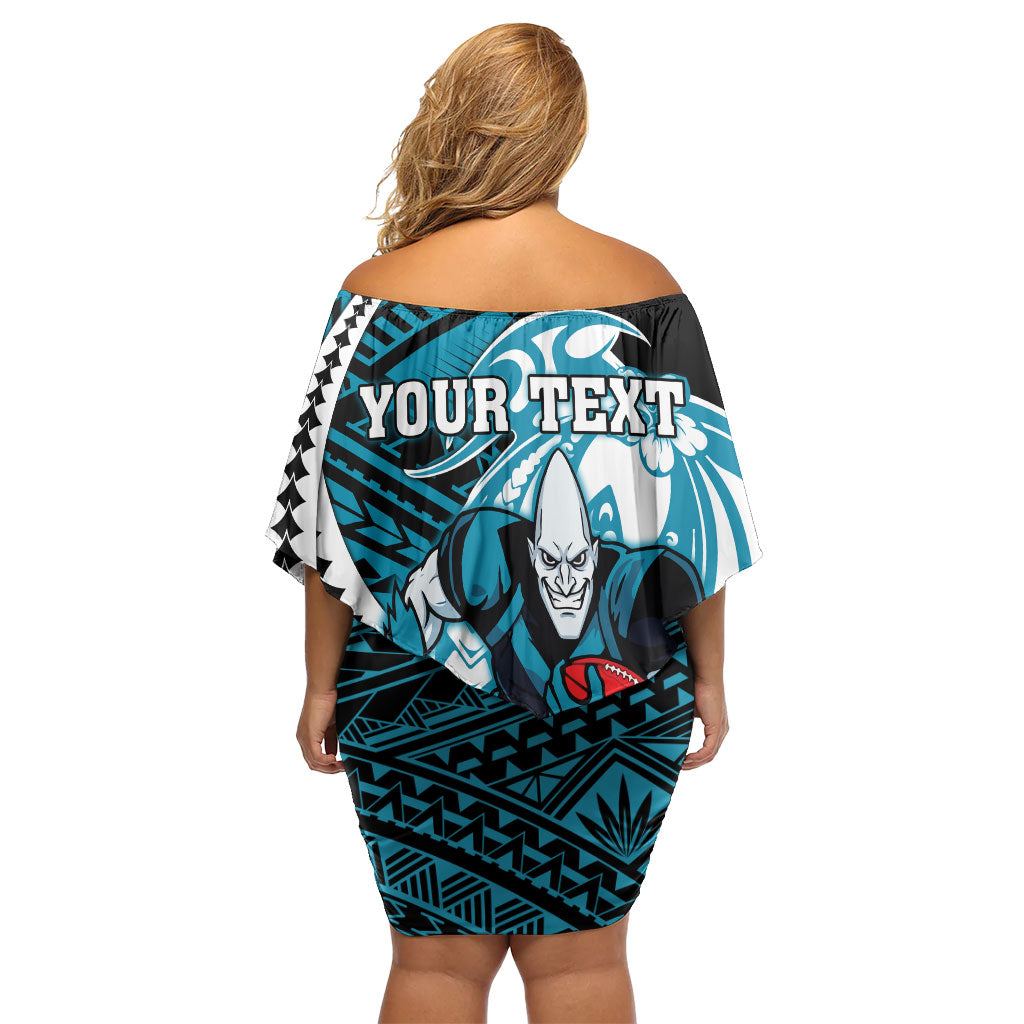 Personalized Port Adelaide Power Family Matching Off Shoulder Short Dress and Hawaiian Shirt Polynesian Tribal Lightning Bolt Mascot With Hibiscus Floral Art