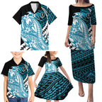 Personalized Port Adelaide Power Family Matching Puletasi and Hawaiian Shirt Polynesian Tribal Lightning Bolt Mascot With Hibiscus Floral Art