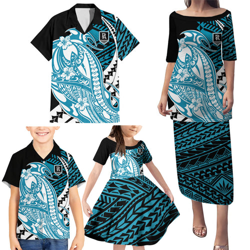 Personalized Port Adelaide Power Family Matching Puletasi and Hawaiian Shirt Polynesian Tribal Lightning Bolt Mascot With Hibiscus Floral Art
