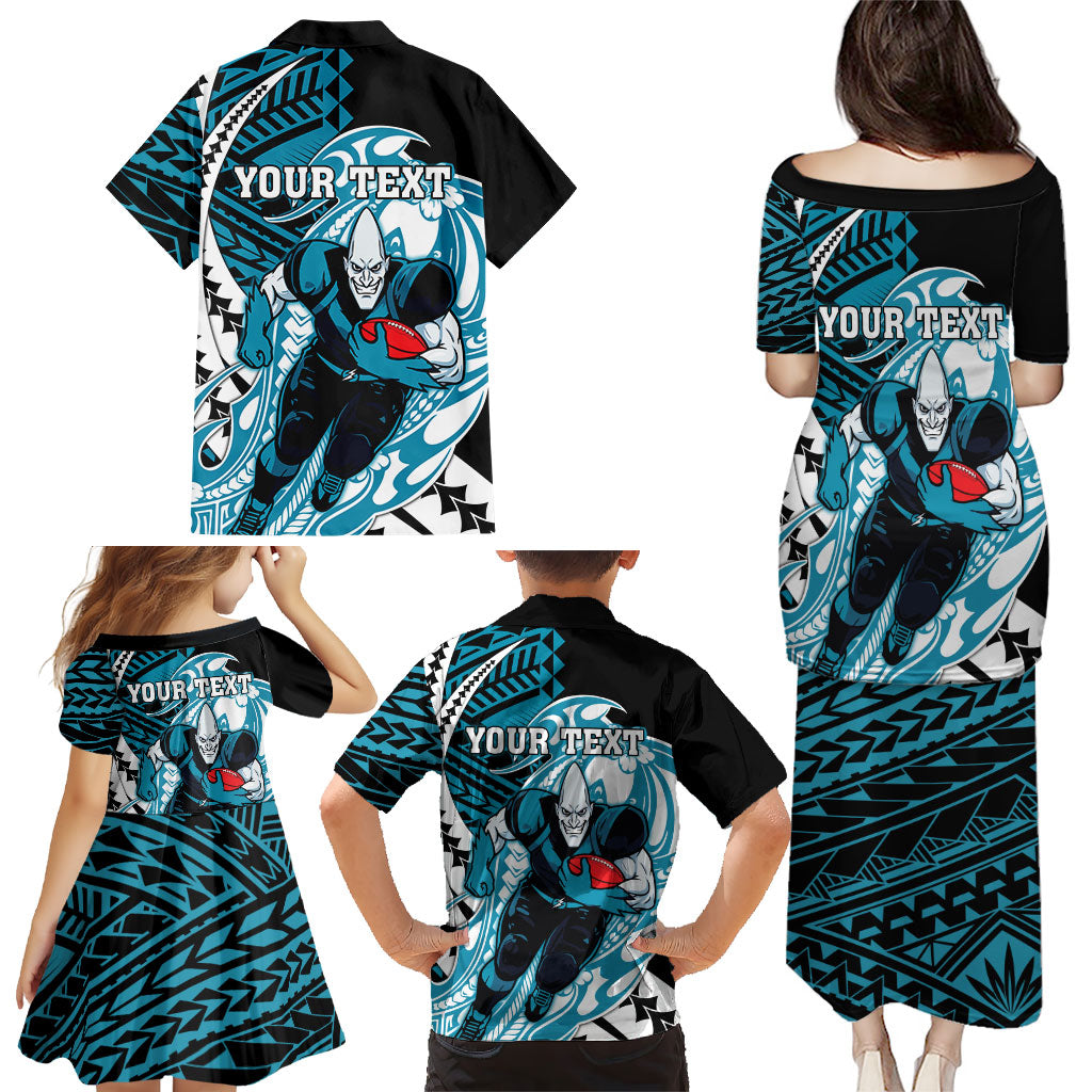 Personalized Port Adelaide Power Family Matching Puletasi and Hawaiian Shirt Polynesian Tribal Lightning Bolt Mascot With Hibiscus Floral Art