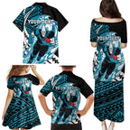 Personalized Port Adelaide Power Family Matching Puletasi and Hawaiian Shirt Polynesian Tribal Lightning Bolt Mascot With Hibiscus Floral Art