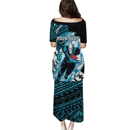 Personalized Port Adelaide Power Family Matching Puletasi and Hawaiian Shirt Polynesian Tribal Lightning Bolt Mascot With Hibiscus Floral Art