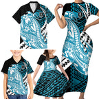 Personalized Port Adelaide Power Family Matching Short Sleeve Bodycon Dress and Hawaiian Shirt Polynesian Tribal Lightning Bolt Mascot With Hibiscus Floral Art