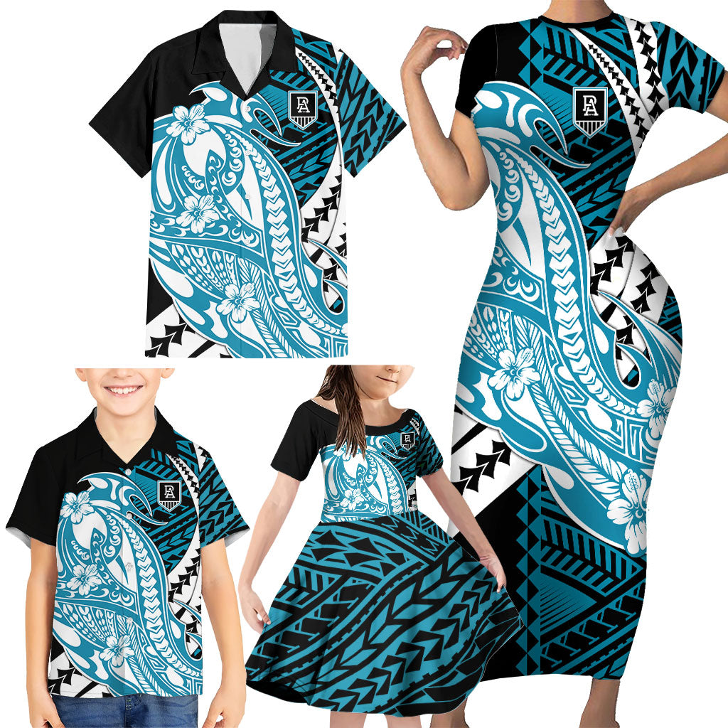 Personalized Port Adelaide Power Family Matching Short Sleeve Bodycon Dress and Hawaiian Shirt Polynesian Tribal Lightning Bolt Mascot With Hibiscus Floral Art