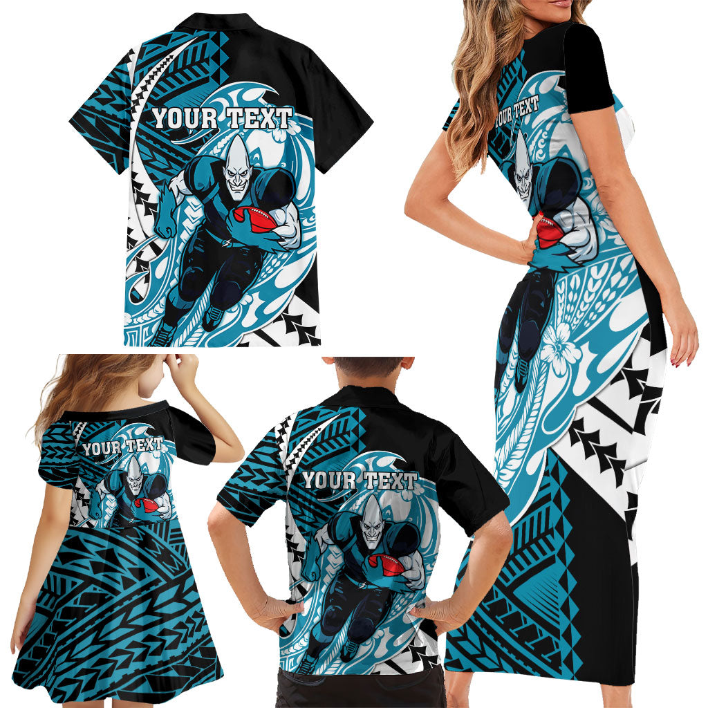 Personalized Port Adelaide Power Family Matching Short Sleeve Bodycon Dress and Hawaiian Shirt Polynesian Tribal Lightning Bolt Mascot With Hibiscus Floral Art