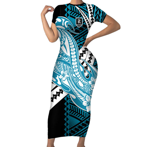 Personalized Port Adelaide Power Family Matching Short Sleeve Bodycon Dress and Hawaiian Shirt Polynesian Tribal Lightning Bolt Mascot With Hibiscus Floral Art