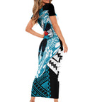 Personalized Port Adelaide Power Family Matching Short Sleeve Bodycon Dress and Hawaiian Shirt Polynesian Tribal Lightning Bolt Mascot With Hibiscus Floral Art
