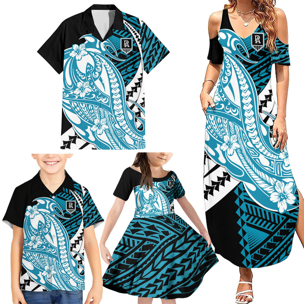 Personalized Port Adelaide Power Family Matching Summer Maxi Dress and Hawaiian Shirt Polynesian Tribal Lightning Bolt Mascot With Hibiscus Floral Art