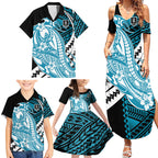 Personalized Port Adelaide Power Family Matching Summer Maxi Dress and Hawaiian Shirt Polynesian Tribal Lightning Bolt Mascot With Hibiscus Floral Art