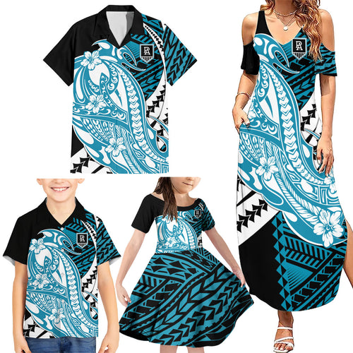 Personalized Port Adelaide Power Family Matching Summer Maxi Dress and Hawaiian Shirt Polynesian Tribal Lightning Bolt Mascot With Hibiscus Floral Art