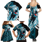 Personalized Port Adelaide Power Family Matching Summer Maxi Dress and Hawaiian Shirt Polynesian Tribal Lightning Bolt Mascot With Hibiscus Floral Art