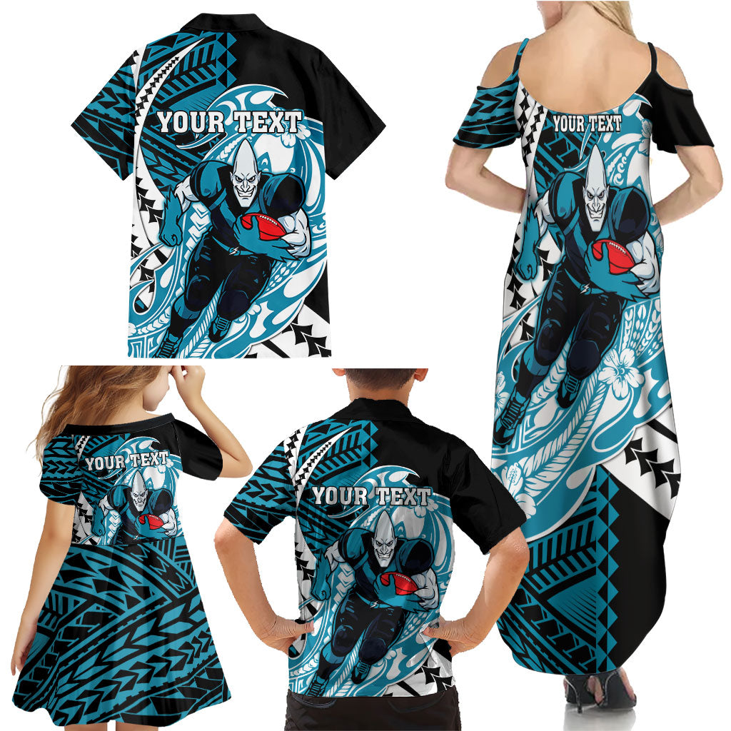 Personalized Port Adelaide Power Family Matching Summer Maxi Dress and Hawaiian Shirt Polynesian Tribal Lightning Bolt Mascot With Hibiscus Floral Art