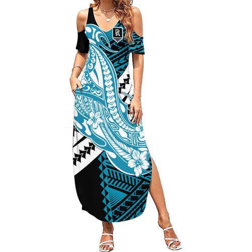 Personalized Port Adelaide Power Family Matching Summer Maxi Dress and Hawaiian Shirt Polynesian Tribal Lightning Bolt Mascot With Hibiscus Floral Art