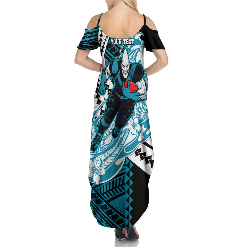 Personalized Port Adelaide Power Family Matching Summer Maxi Dress and Hawaiian Shirt Polynesian Tribal Lightning Bolt Mascot With Hibiscus Floral Art