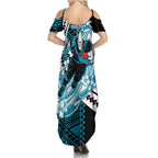 Personalized Port Adelaide Power Family Matching Summer Maxi Dress and Hawaiian Shirt Polynesian Tribal Lightning Bolt Mascot With Hibiscus Floral Art