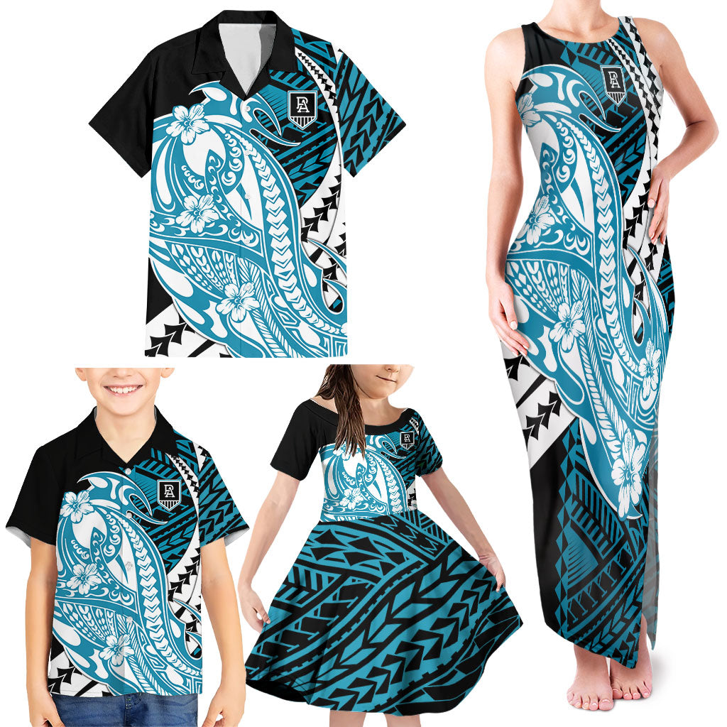 Personalized Port Adelaide Power Family Matching Tank Maxi Dress and Hawaiian Shirt Polynesian Tribal Lightning Bolt Mascot With Hibiscus Floral Art