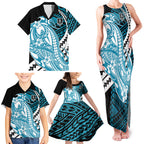 Personalized Port Adelaide Power Family Matching Tank Maxi Dress and Hawaiian Shirt Polynesian Tribal Lightning Bolt Mascot With Hibiscus Floral Art