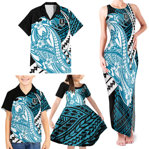 Personalized Port Adelaide Power Family Matching Tank Maxi Dress and Hawaiian Shirt Polynesian Tribal Lightning Bolt Mascot With Hibiscus Floral Art