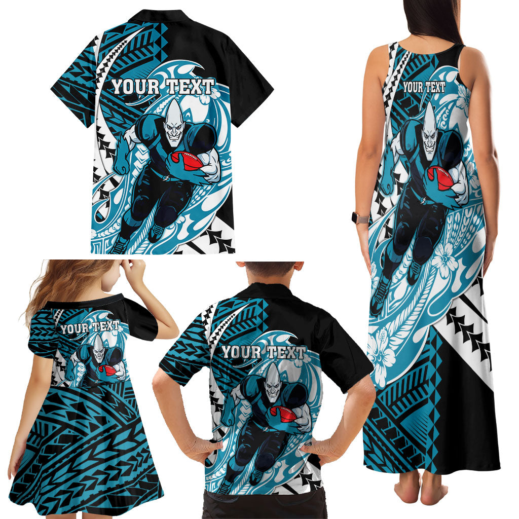 Personalized Port Adelaide Power Family Matching Tank Maxi Dress and Hawaiian Shirt Polynesian Tribal Lightning Bolt Mascot With Hibiscus Floral Art