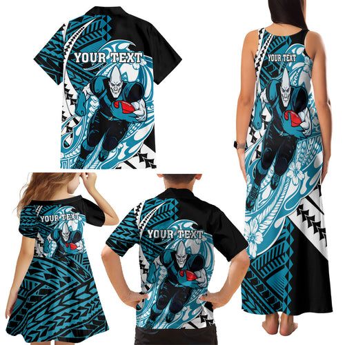 Personalized Port Adelaide Power Family Matching Tank Maxi Dress and Hawaiian Shirt Polynesian Tribal Lightning Bolt Mascot With Hibiscus Floral Art