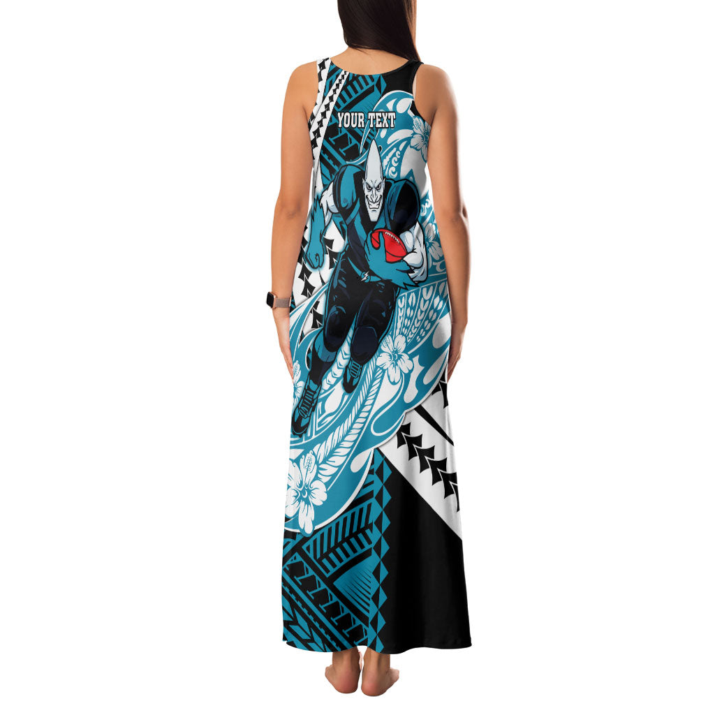 Personalized Port Adelaide Power Family Matching Tank Maxi Dress and Hawaiian Shirt Polynesian Tribal Lightning Bolt Mascot With Hibiscus Floral Art