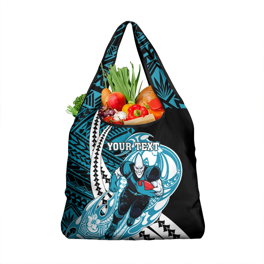 Personalized Port Adelaide Power Grocery Bag Polynesian Tribal Lightning Bolt Mascot With Hibiscus Floral Art