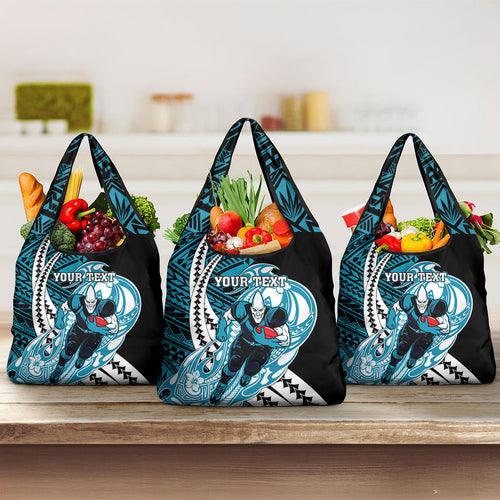 Personalized Port Adelaide Power Grocery Bag Polynesian Tribal Lightning Bolt Mascot With Hibiscus Floral Art