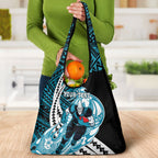Personalized Port Adelaide Power Grocery Bag Polynesian Tribal Lightning Bolt Mascot With Hibiscus Floral Art