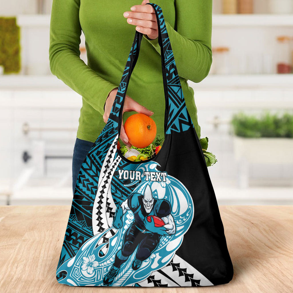Personalized Port Adelaide Power Grocery Bag Polynesian Tribal Lightning Bolt Mascot With Hibiscus Floral Art