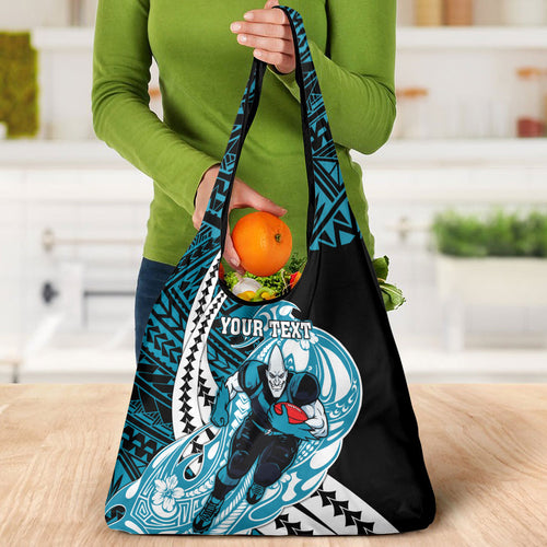 Personalized Port Adelaide Power Grocery Bag Polynesian Tribal Lightning Bolt Mascot With Hibiscus Floral Art