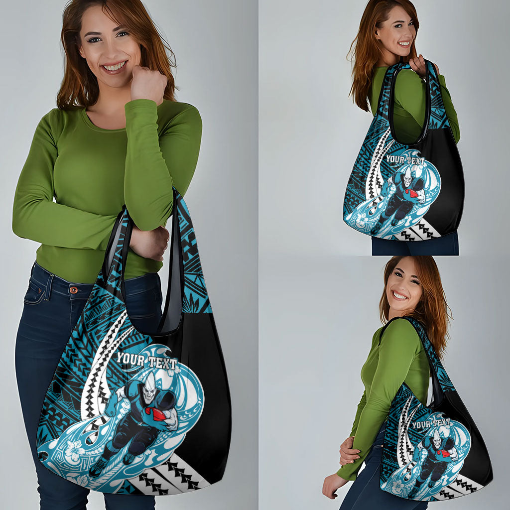 Personalized Port Adelaide Power Grocery Bag Polynesian Tribal Lightning Bolt Mascot With Hibiscus Floral Art