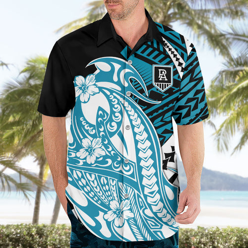 Personalized Port Adelaide Power Hawaiian Shirt Polynesian Tribal Lightning Bolt Mascot With Hibiscus Floral Art