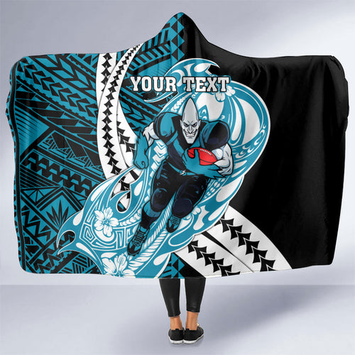 Personalized Port Adelaide Power Hooded Blanket Polynesian Tribal Lightning Bolt Mascot With Hibiscus Floral Art