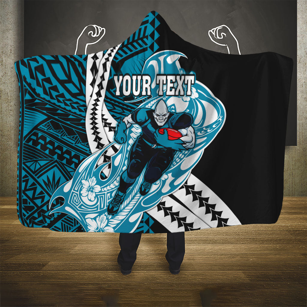 Personalized Port Adelaide Power Hooded Blanket Polynesian Tribal Lightning Bolt Mascot With Hibiscus Floral Art