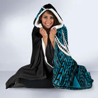 Personalized Port Adelaide Power Hooded Blanket Polynesian Tribal Lightning Bolt Mascot With Hibiscus Floral Art