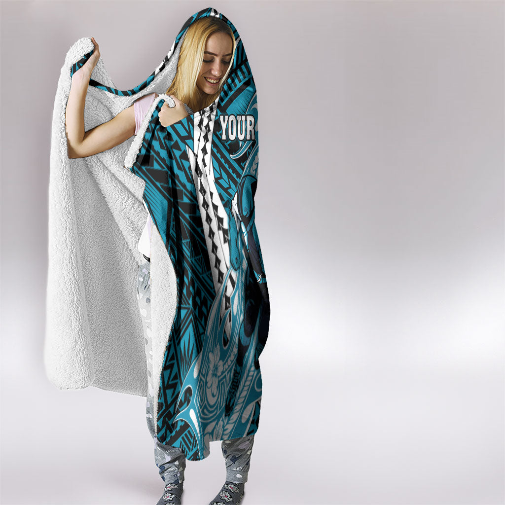 Personalized Port Adelaide Power Hooded Blanket Polynesian Tribal Lightning Bolt Mascot With Hibiscus Floral Art
